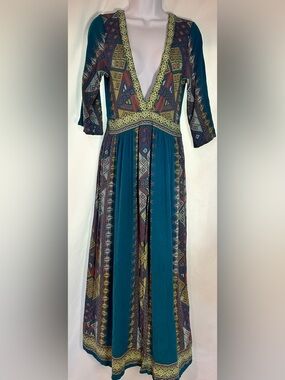Earthbound Trading Co Boho Teal Geometric Maxi Dress Size Large